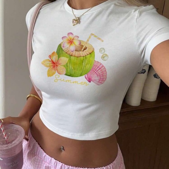 Casual Minimalist Coconut And Starfish Pattern Round Neck Short Sleeve Crop Top - Picture 2 of 4